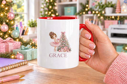 Personalised Pink Tree Ballerina Christmas mug – red handle with a custom name