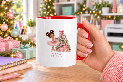 Personalised Curly Bun Ballerina Christmas mug – red handle with a custom name
