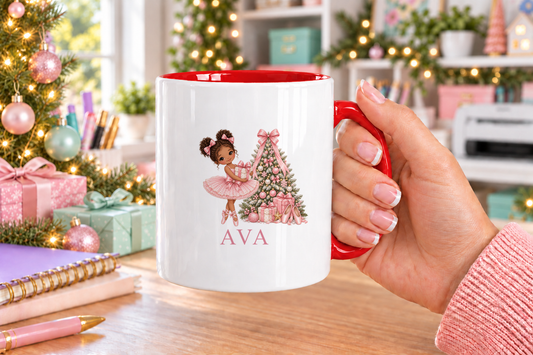 Personalised Curly Bun Ballerina Christmas mug – red handle with a custom name