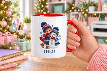 Personalised Boy Hugging Snowman Christmas mug – red handle with a custom name