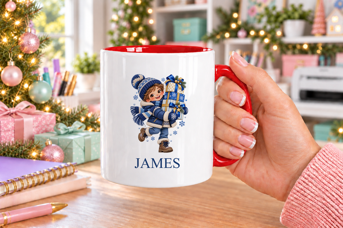 Personalised Boy with Presents Christmas mug – red handle with a custom name