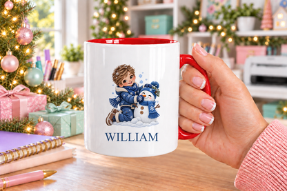 Personalised Boy Building Snowman Christmas mug – red handle with a custom name