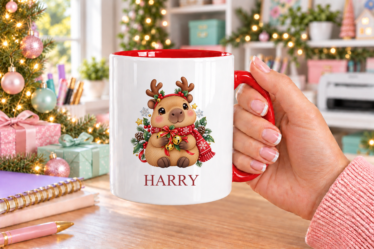 Personalised Capybara Reindeer Christmas mug – red handle with a custom name