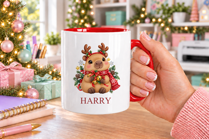 Personalised Capybara Reindeer Christmas mug – red handle with a custom name
