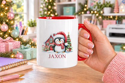 Personalised Santa Hat Penguin Christmas mug – red handle with a custom name