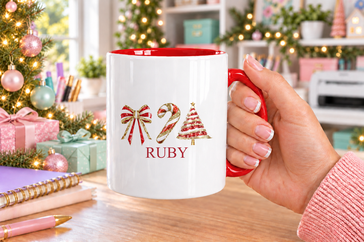Personalised Bow, Candy Cane and Tree Christmas mug – red handle with a custom name
