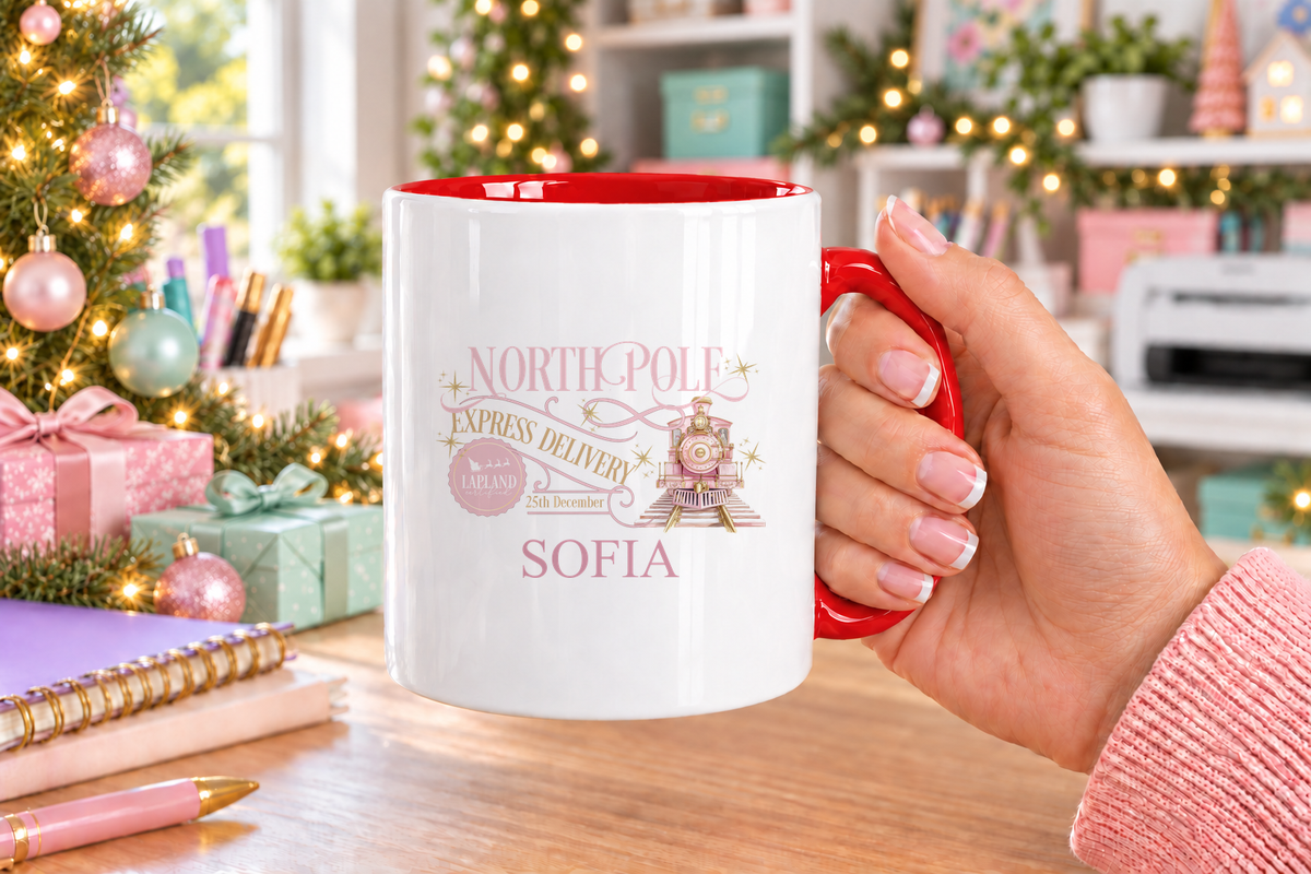 Personalised North Pole Express Pink Train Christmas mug – red handle with a custom name
