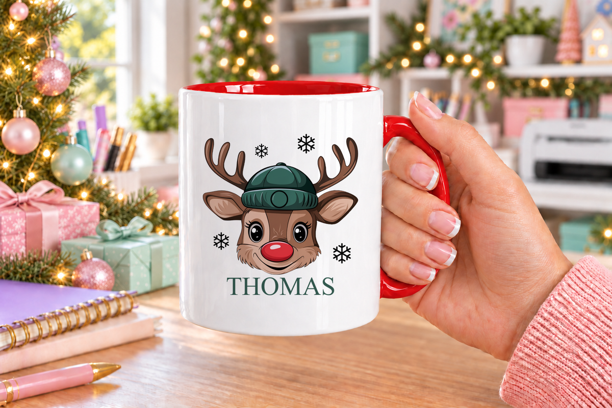 Personalised Reindeer Face Beanie Christmas mug – red handle with a custom name