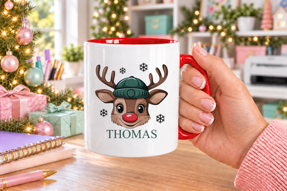Personalised Reindeer Face Beanie Christmas mug – red handle with a custom name