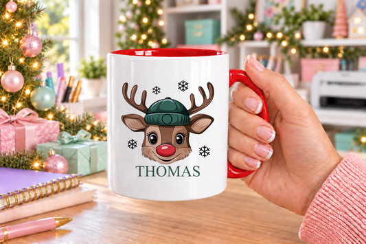 Personalised Reindeer Face Beanie Christmas mug – red handle with a custom name