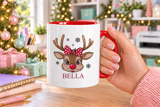 Personalised Reindeer Face Polka Bow Christmas mug – red handle with a custom name