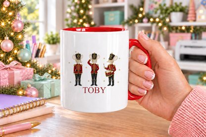 Personalised Nutcracker Mice Christmas mug – red handle with a custom name