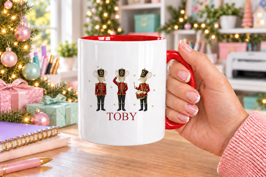 Personalised Nutcracker Mice Christmas mug – red handle with a custom name