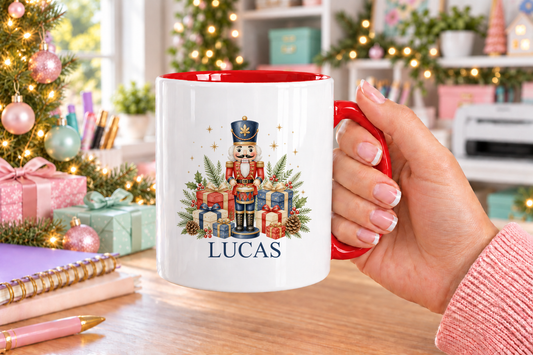 Personalised Nutcracker Drummer Christmas mug – red handle with a custom name