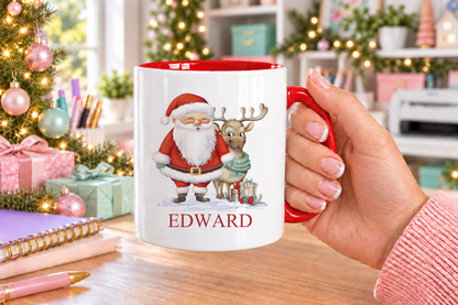 Personalised Santa and Reindeer Christmas mug – red handle with a custom name