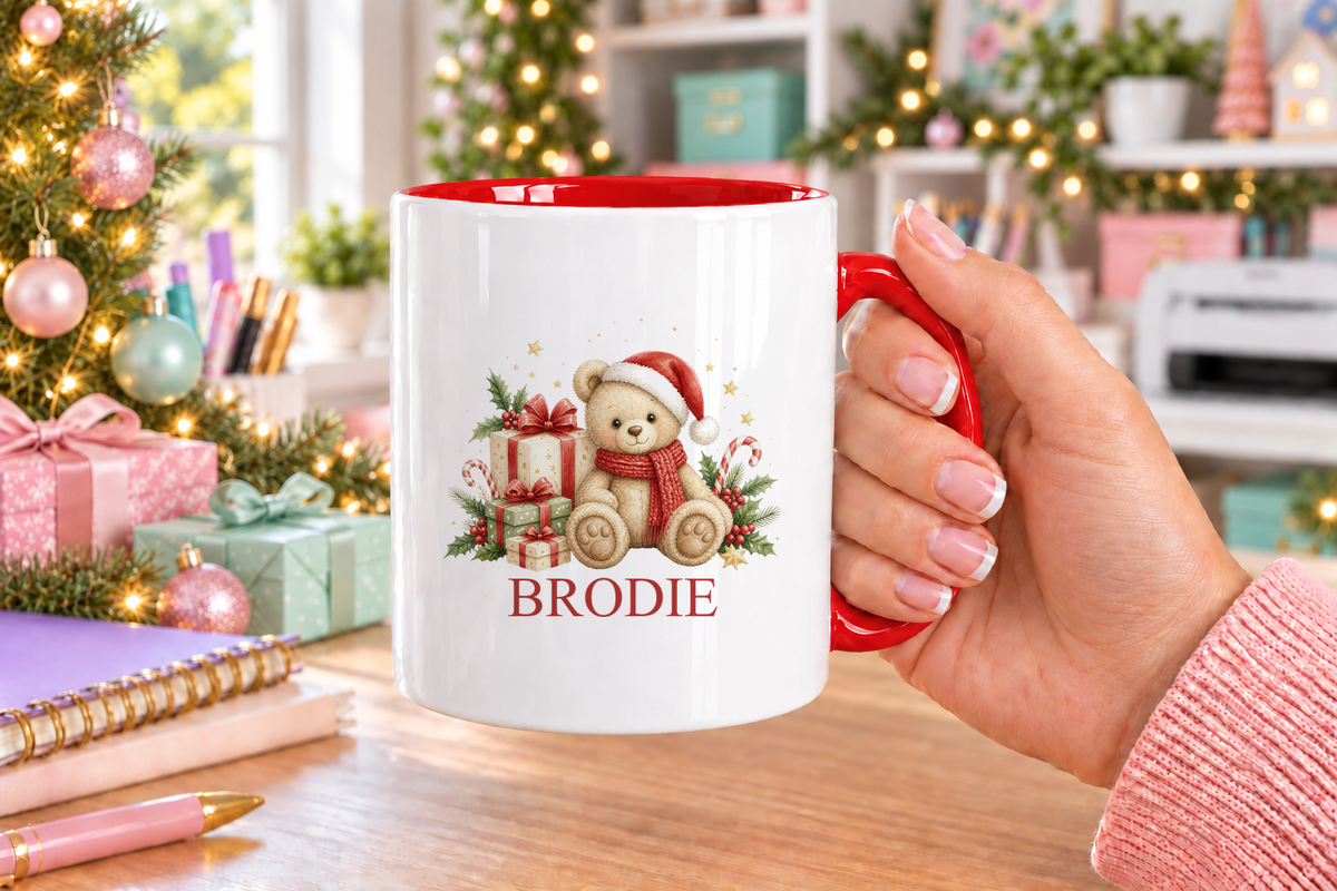 Personalised Cosy Scarf Teddy Christmas mug – red handle with a custom name