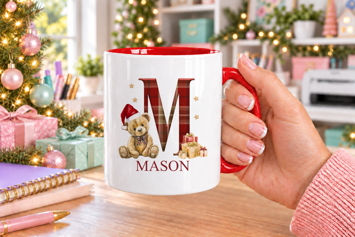 Personalised Tartan Initial Teddy Christmas mug – red handle with a custom name