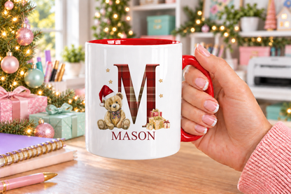 Personalised Tartan Initial Teddy Christmas mug – red handle with a custom name