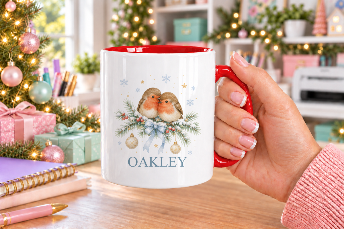 Personalised Two Robins Christmas mug – red handle with a custom name