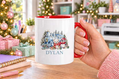 Personalised Winter Christmas Train Christmas mug – red handle with a custom name