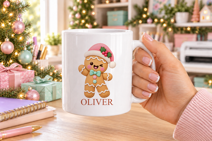Personalised Gingerbread Santa Hat Christmas mug – white mug with a custom name