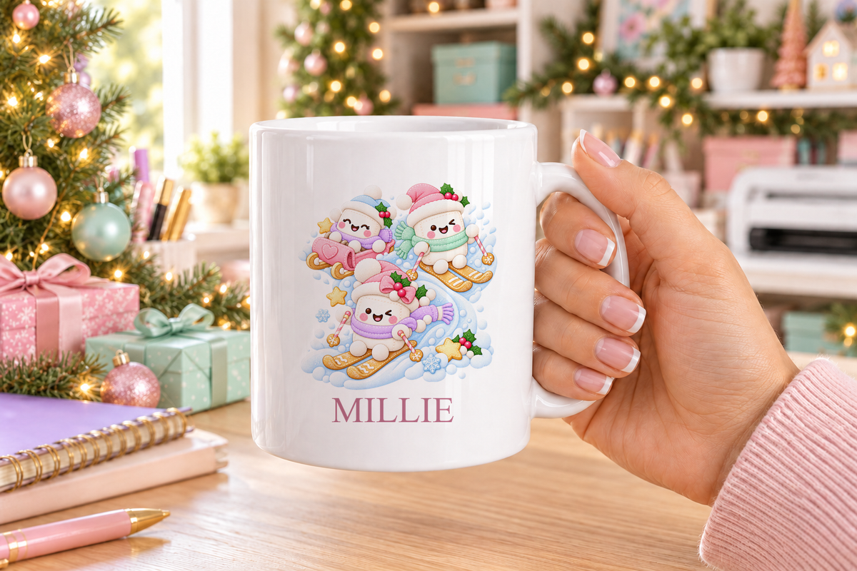 Personalised Snowman Ski Day Christmas mug – white mug with a custom name