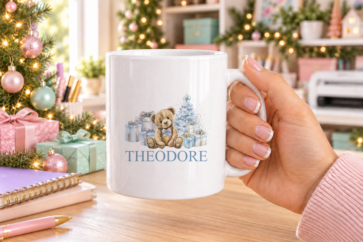 Personalised Blue Teddy and Presents Christmas mug – white mug with a custom name