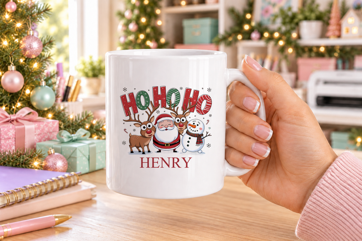 Personalised Ho Ho Ho Christmas mug – white mug with a custom name