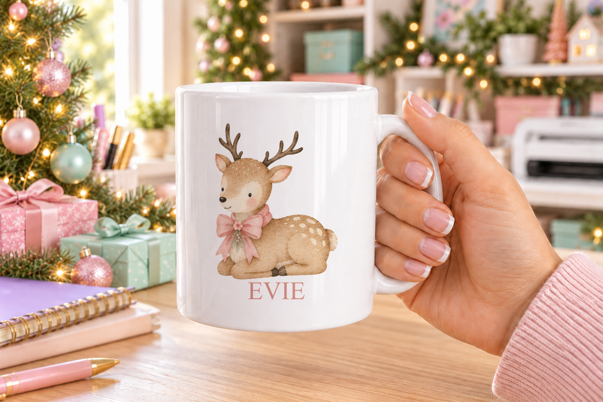 Personalised Sweet Fawn Christmas mug – white mug with a custom name