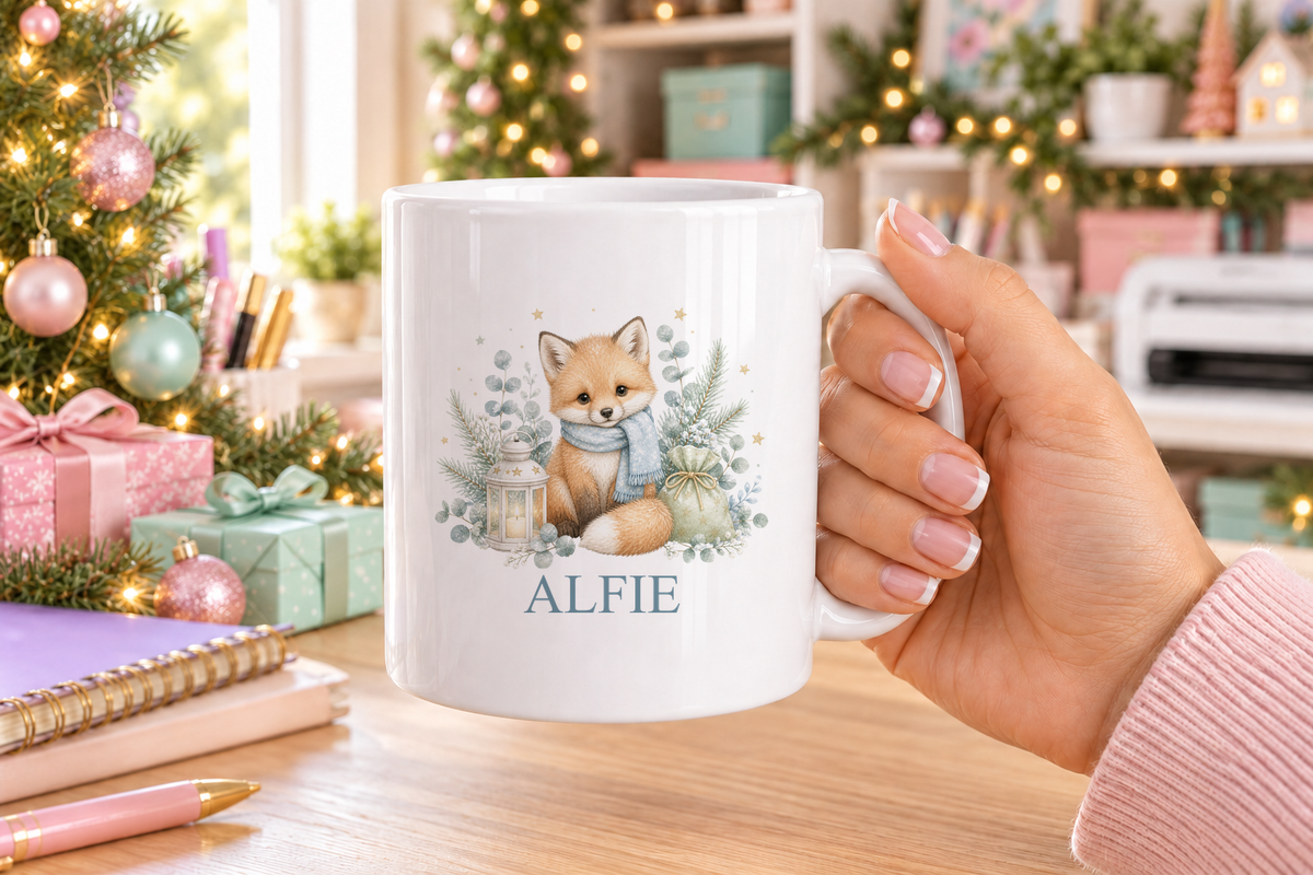Personalised Winter Fox Christmas mug – white mug with a custom name