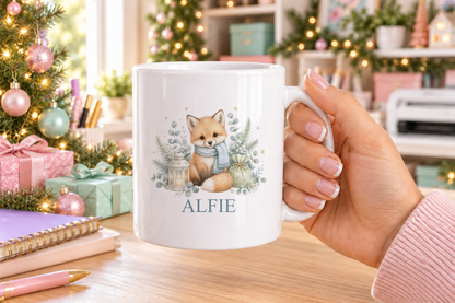 Personalised Winter Fox Christmas mug – white mug with a custom name