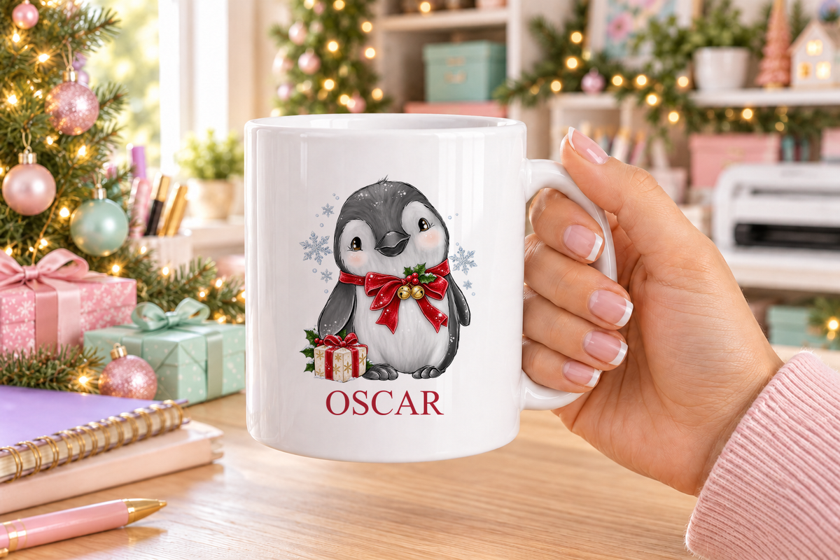 Personalised Jingle Bell Penguin Christmas mug – white mug with a custom name