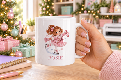 Personalised Ice Skating Girl Christmas mug – white mug with a custom name