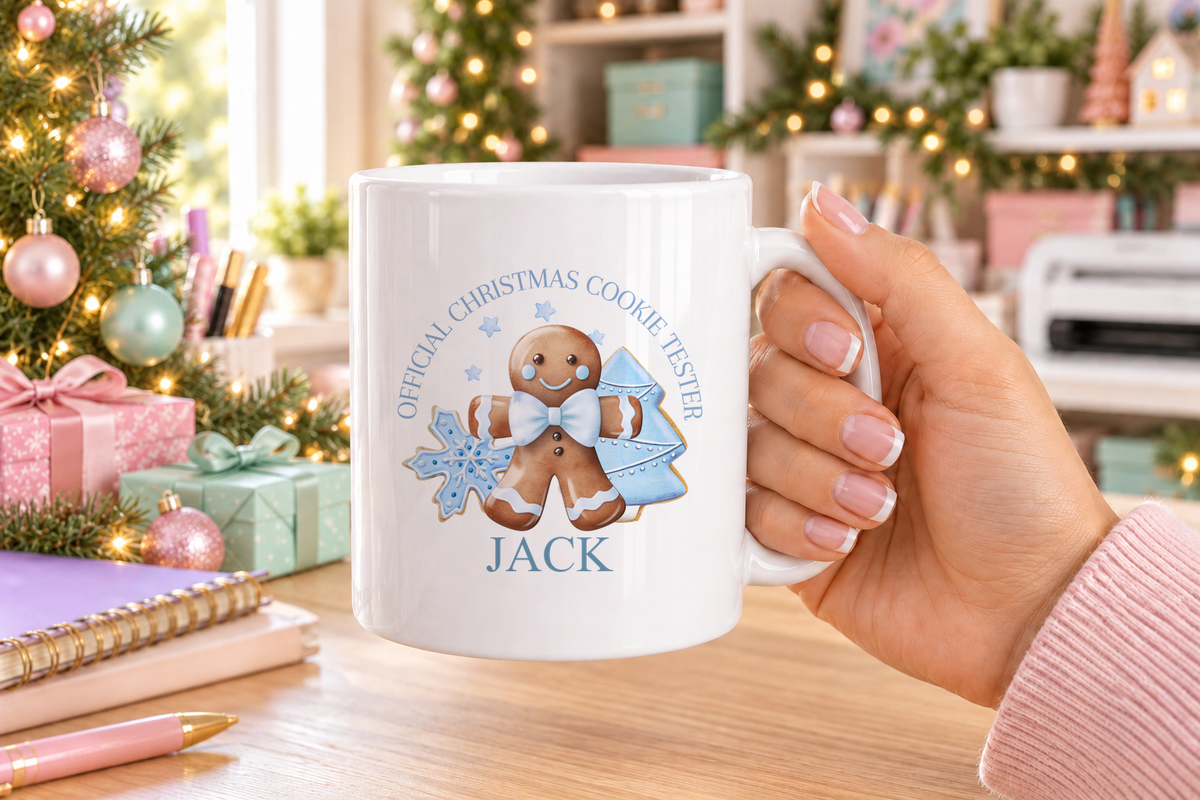 Personalised Blue Cookie Tester Christmas mug – white mug with a custom name