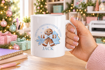 Personalised Blue Cookie Tester Christmas mug – white mug with a custom name