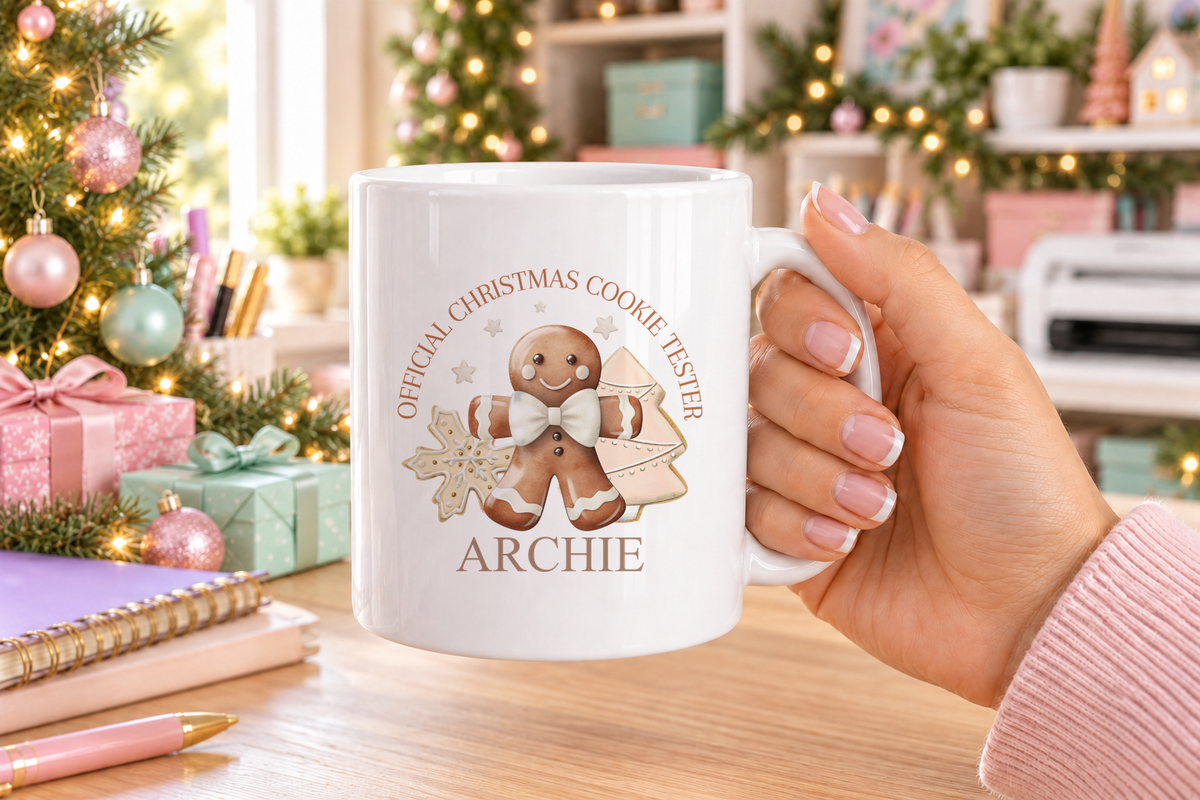 Personalised Classic Cookie Tester Christmas mug – white mug with a custom name