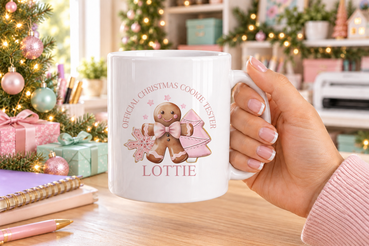 Personalised Pink Cookie Tester Christmas mug – white mug with a custom name