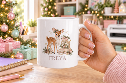 Personalised Fawn and Gift Stack Christmas mug – white mug with a custom name