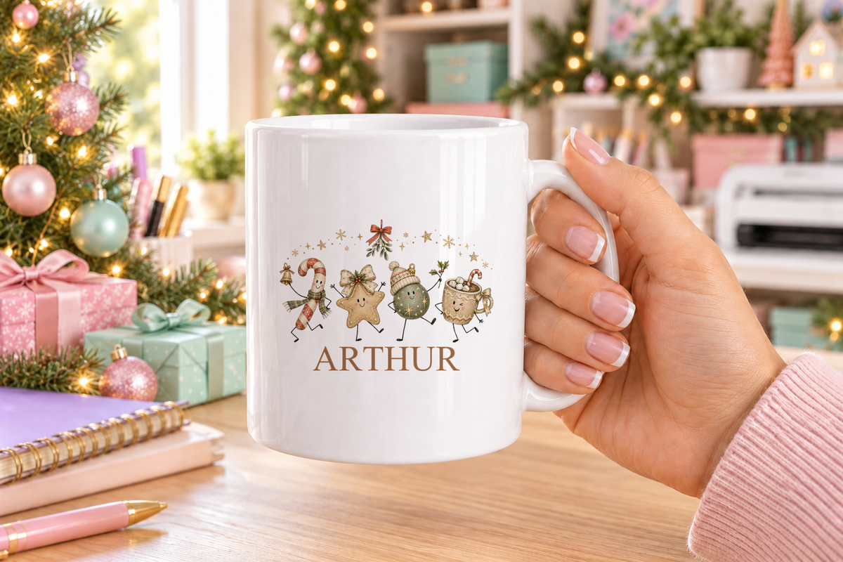 Personalised Festive Friends Christmas mug – white mug with a custom name