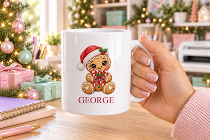 Personalised Gingerbread Candy Cane Heart Christmas mug – white mug with a custom name