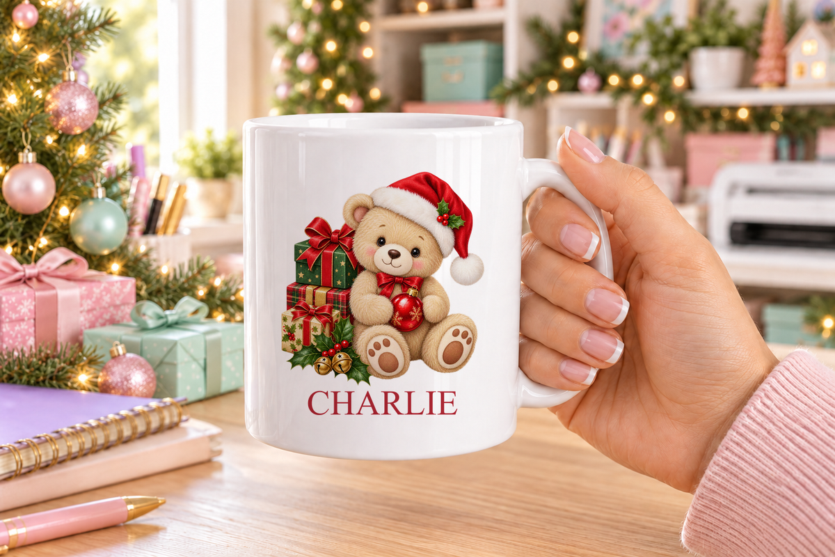 Personalised Teddy with Presents Christmas mug – white mug with a custom name
