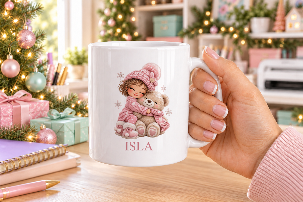 Personalised Girl Hugging Teddy Christmas mug – white mug with a custom name