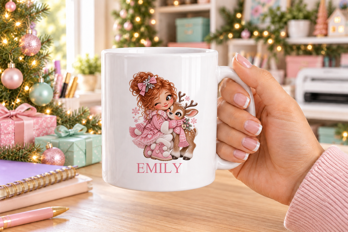 Personalised Girl Hugging Reindeer Christmas mug – white mug with a custom name
