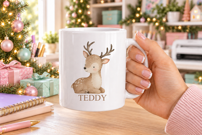 Personalised Baby Reindeer Christmas mug – white mug with a custom name