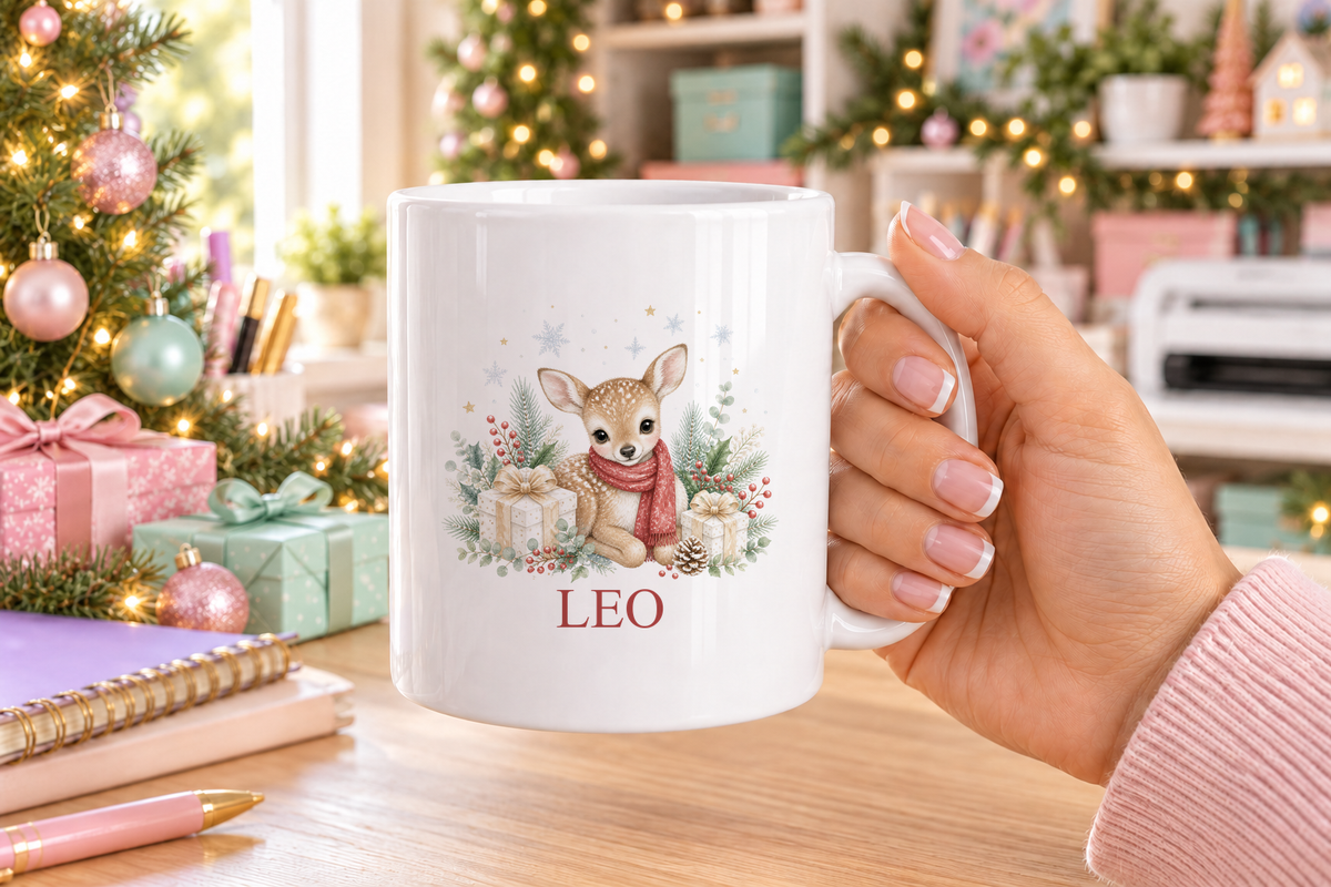Personalised Baby Deer Red Scarf Christmas mug – white mug with a custom name