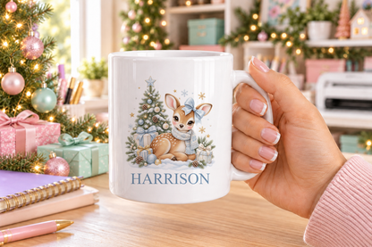 Personalised Blue Bow Fawn Christmas mug – white mug with a custom name