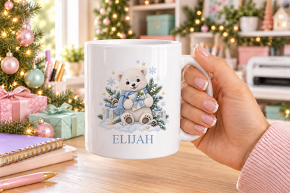 Personalised Polar Bear with Present Christmas mug – white mug with a custom name