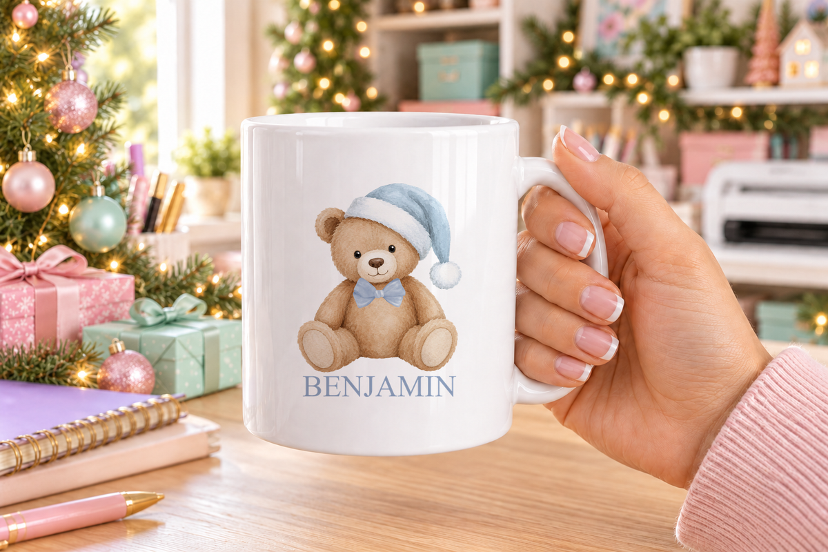 Personalised Blue Hat Teddy Christmas mug – white mug with a custom name