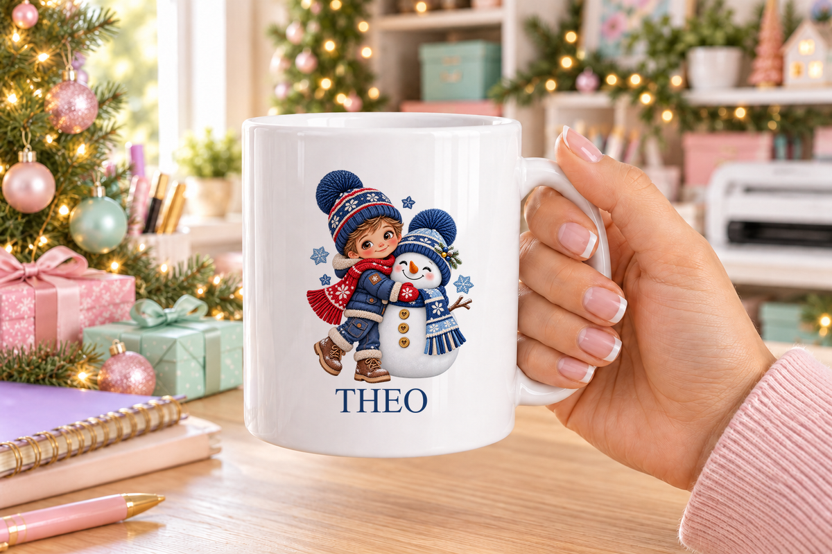Personalised Boy Hugging Snowman Christmas mug – white mug with a custom name
