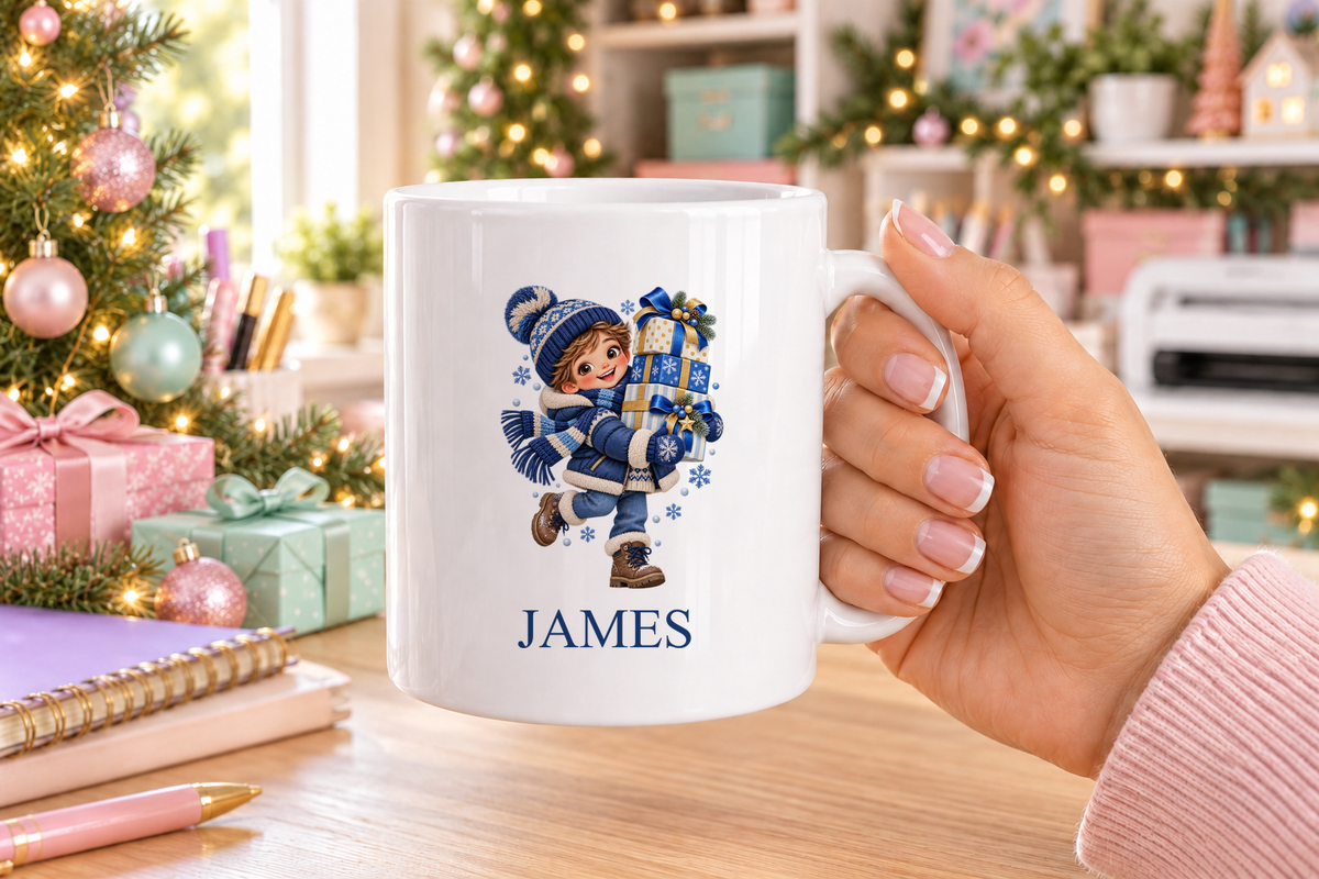 Personalised Boy with Presents Christmas mug – white mug with a custom name